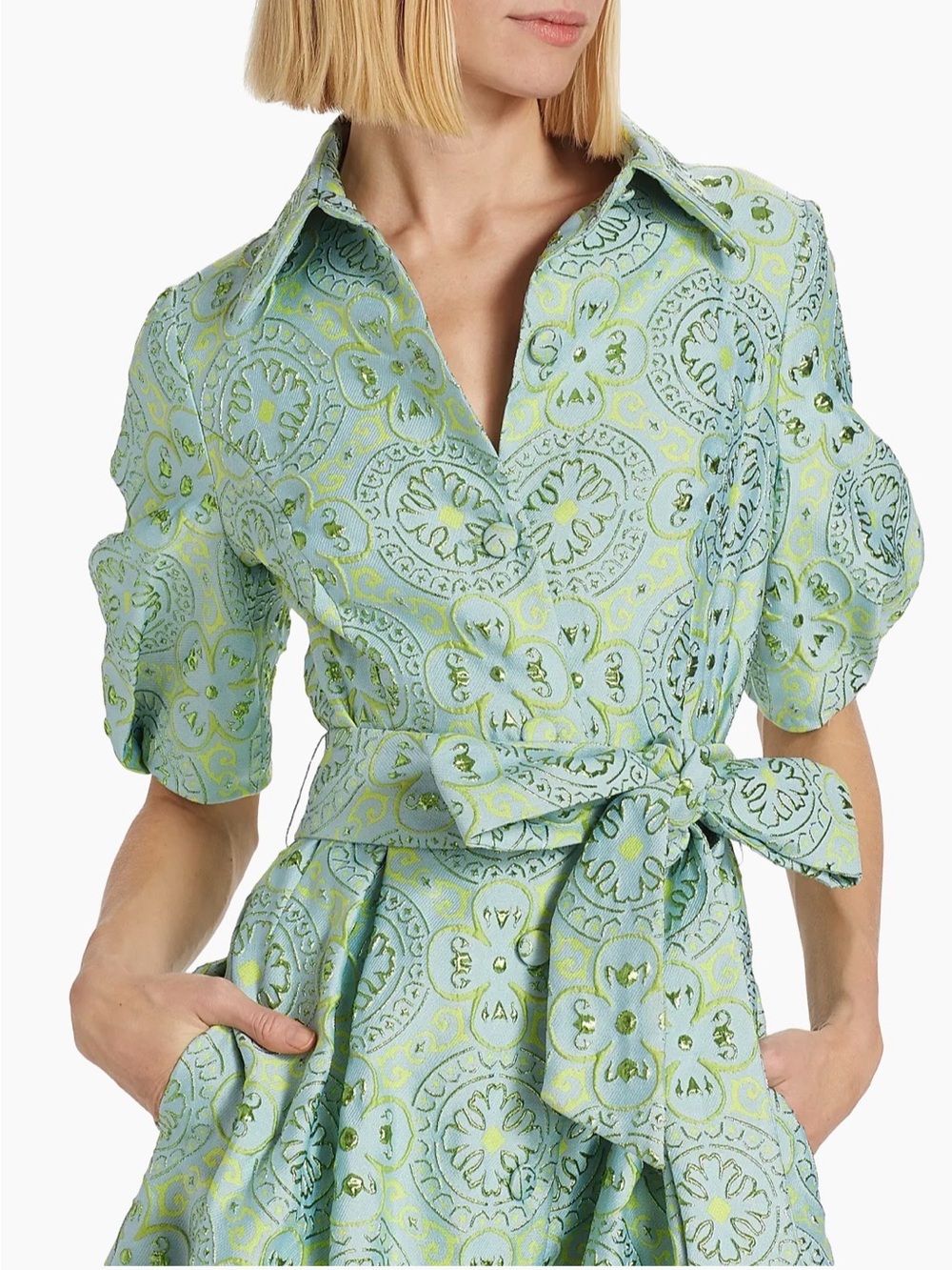 Rickie Freeman Teri Jon Mint Green Embroidered Jacquard Shirt Dress Belted EUC